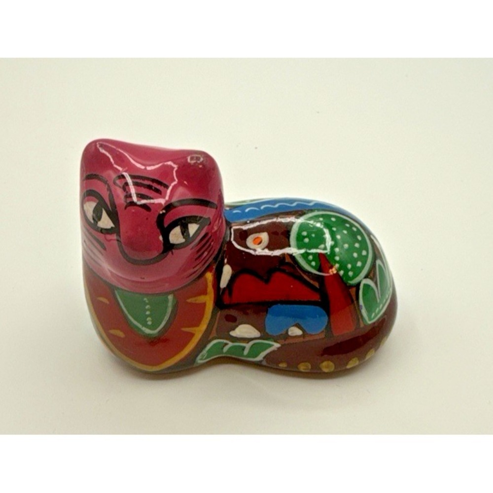 Vintage Mexico Tonala Cat Hand Painted 3 5/8" x 2" x 2.75" tall Colorful Pottery